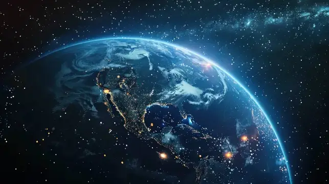 3D-рендер ночной Земли с огнями городов из космоса