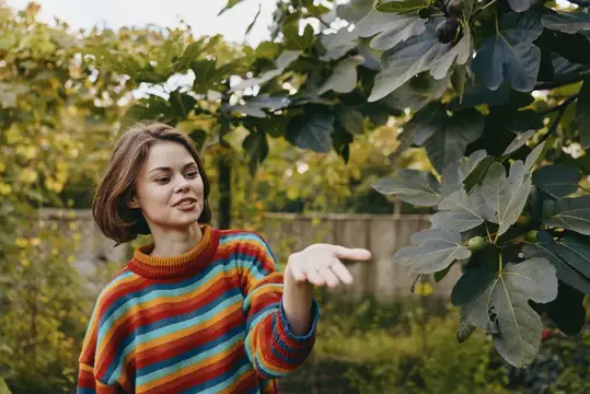 Молодая женщина в полосатой кофте рассматривает ветку инжира в саду