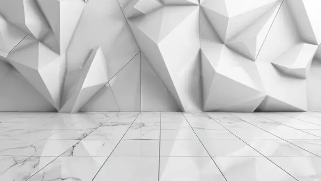 3D-рендер светлого интерьера с геометрической стеной и мраморным полом