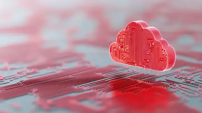 3D-рендер красного облака с микросхемами над платой