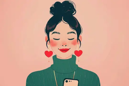 Иллюстрация улыбающейся девушки с красными серьгами-сердцами и телефоном