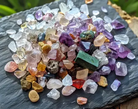 Коллекция разноцветных полудрагоценных камней на куске сланца