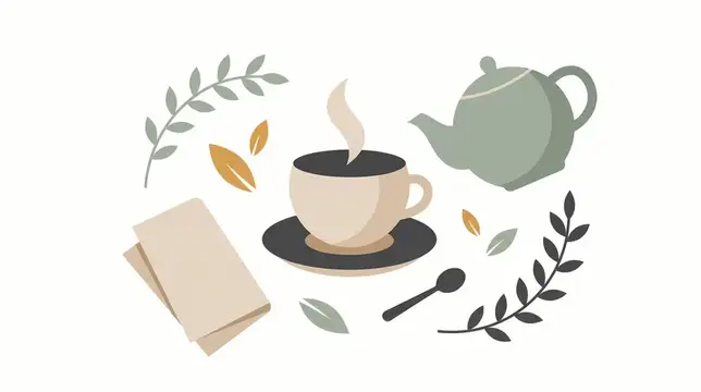 Простая чайная сцена с чашкой, чайником, листьями и спокойным негативным пространством для брендинга осознанных напитков, упаковки и велнес-контента