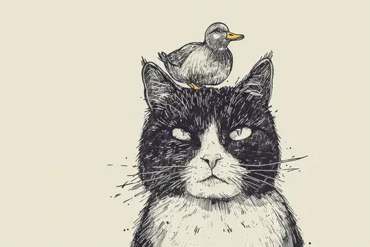 Иллюстрация с недовольным котом и уткой на голове