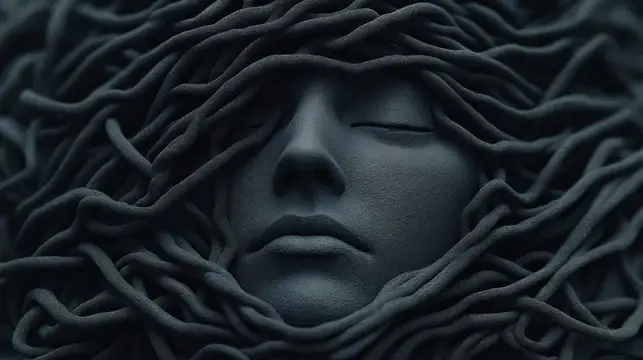 3D-рендер спокойного лица в переплетении тёмных нитей