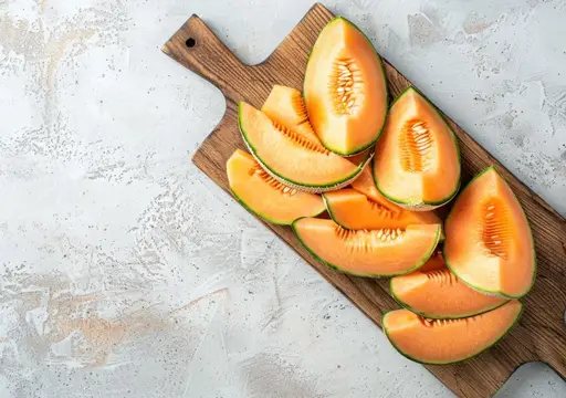 Вкусные ломтики оранжевой канталупы на деревенской разделочной доске, подчеркивающие их сочную текстуру и яркий цвет