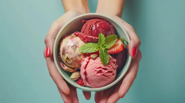Пара рук преподносит миску с различными вкусами мороженого, украшенную листьями мяты и ягодами, на светло-голубом фоне