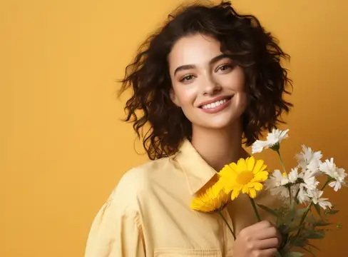 Улыбающаяся кудрявая девушка с букетом ромашек на жёлтом фоне