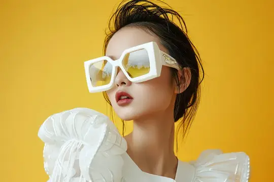 Азиатская девушка в белых солнцезащитных очках на жёлтом фоне