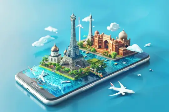Изометрическая 3D-иллюстрация всемирно известных достопримечательностей на экране смартфона, показывающая знаковые здания и памятники со всего мира