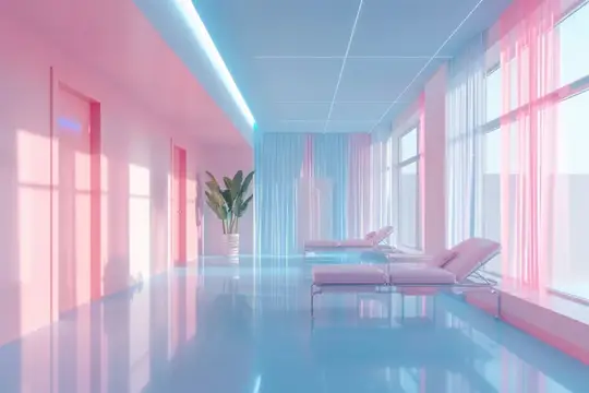 3D-рендер светлого спа-салона в розово-голубых тонах