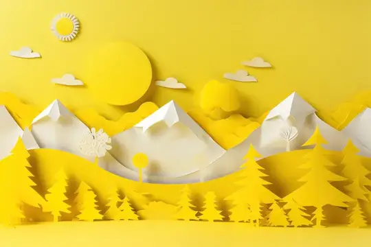 Бумажный пейзаж с горами, елями и солнцем на жёлтом фоне
