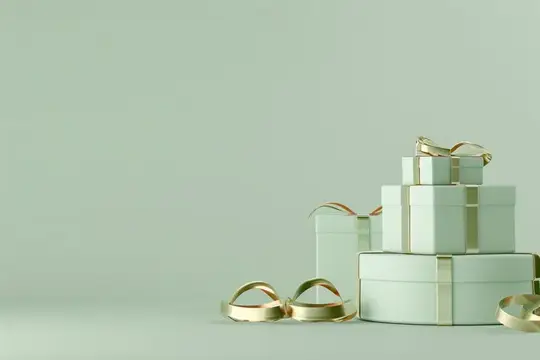Зеленые и золотые подарочные коробки с лентами на светло-зеленом фоне, 3D-рендеринг для рекламного фото