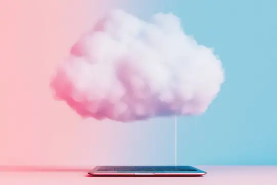 3D-рендер пушистого облака над смартфоном на розово-голубом фоне