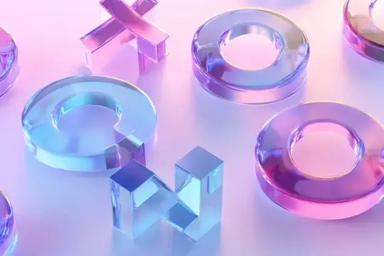 3D-рендер с стеклянными символами и кольцами в неоновом свете