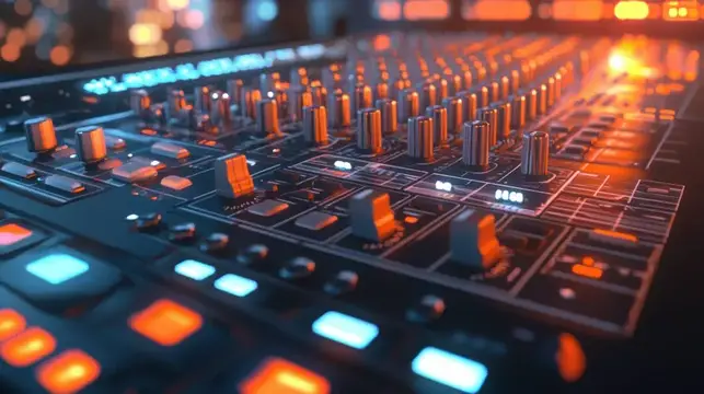 3D-рендер пульта звукозаписи с подсвеченными фейдерами и кнопками