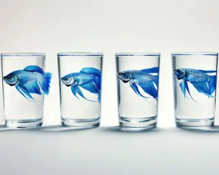 Четыре прозрачных стакана, наполненных водой, в каждом из которых изображена голубая рыба, создающая яркую и динамичную водную сцену