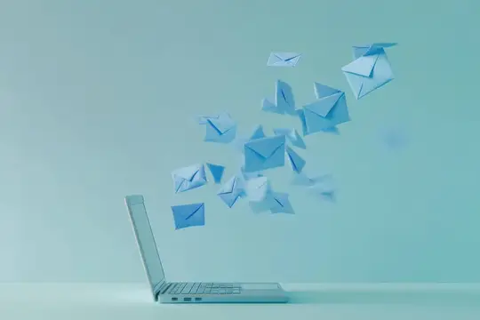 3D-рендер: бумажные конверты вылетают из ноутбука на голубом фоне