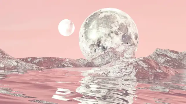 3D-рендер фантастического пейзажа с лунами над розовой водой
