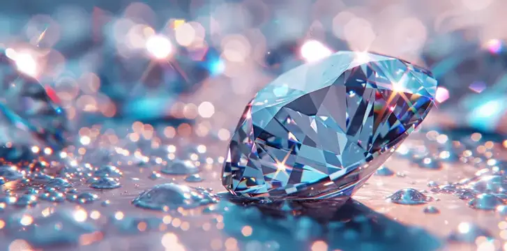 3D-рендер сверкающего бриллианта среди капель воды