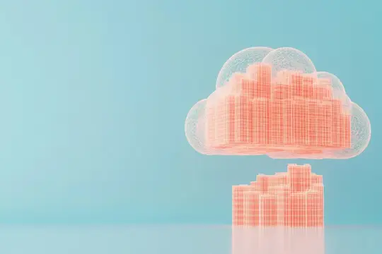 3D-рендер облака из светящихся розовых зданий на голубом фоне