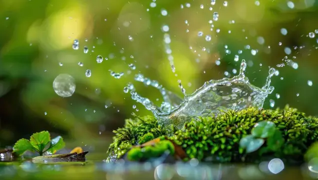 Капли воды разлетаются от удара о зелёный мох