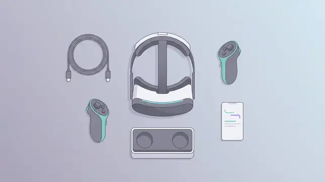 Минималистичная технологичная композиция сверху: VR-гарнитура, контроллеры и зарядная станция для посадочных страниц и статей об иммерсивных устройствах