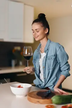 Улыбающаяся девушка с бокалом красного вина на кухне