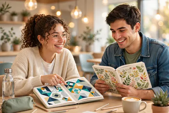 Улыбающиеся парень и девушка рассматривают книги с иллюстрациями в кафе