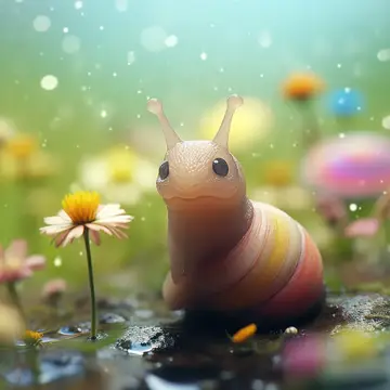3D-рендер милой улитки с радужной раковиной среди цветов