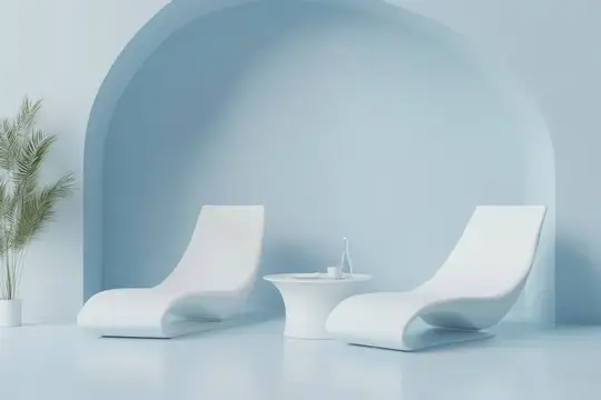 3D-рендер светлого интерьера с белыми шезлонгами и аркой