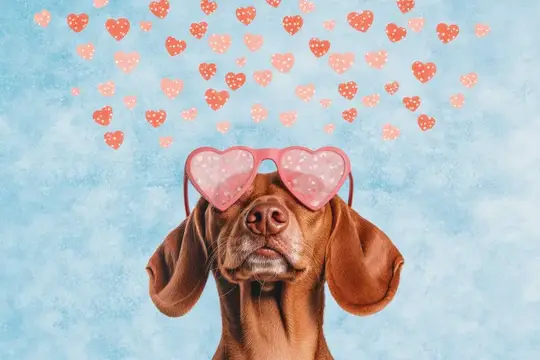 Рыжая собака в розовых очках с сердечками на голубом фоне