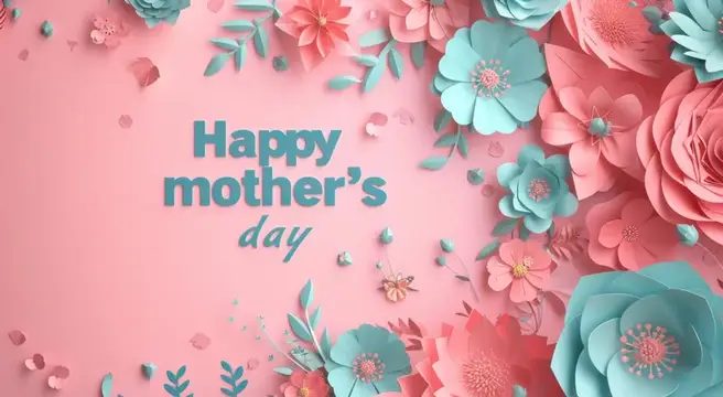 Объёмные бумажные цветы и надпись Happy Mother's Day на розовом фоне