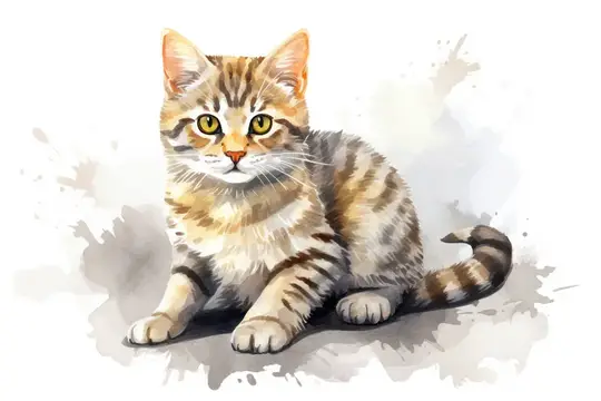 Акварельная иллюстрация полосатого котёнка с янтарными глазами