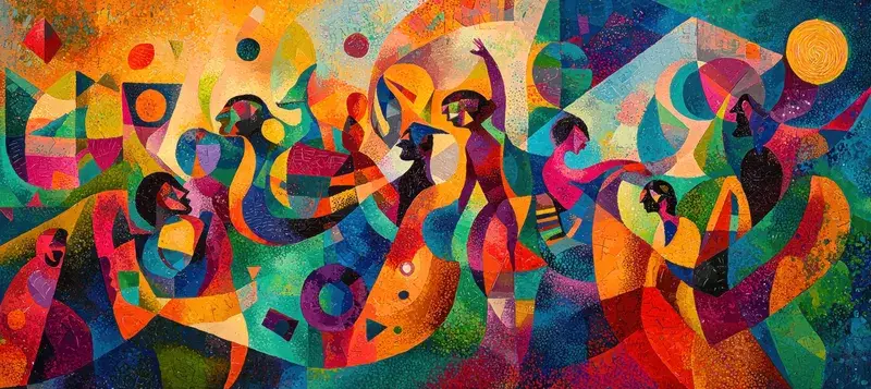 Яркая абстрактная работа, изображающая разнообразные фигуры в движении, которые празднуют вместе с помощью динамичных цветов и форм