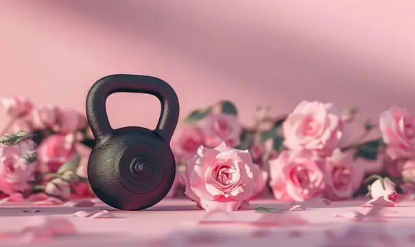 Черная гиря стоит среди розовых роз на нежном фоне