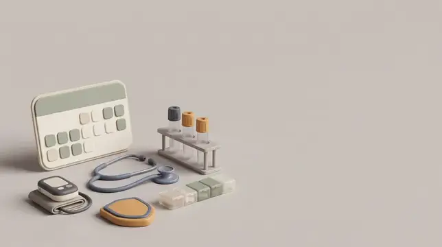 Мягкий матовый 3D-набор для профилактического здравоохранения: календарь, стетоскоп, тонометр и принадлежности для скрининга на просторном фоне
