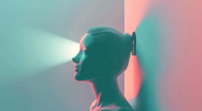3D-рендер профиля девушки с ключом в голове в неоновом свете