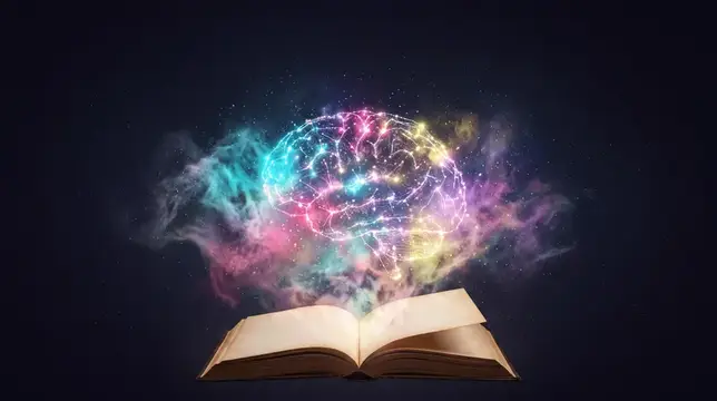 Иллюстрация: светящийся мозг над раскрытой книгой в облаке неона