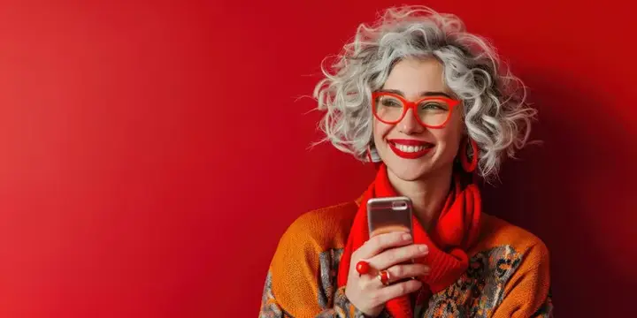 Седовласая женщина в красных очках улыбается со смартфоном в руках