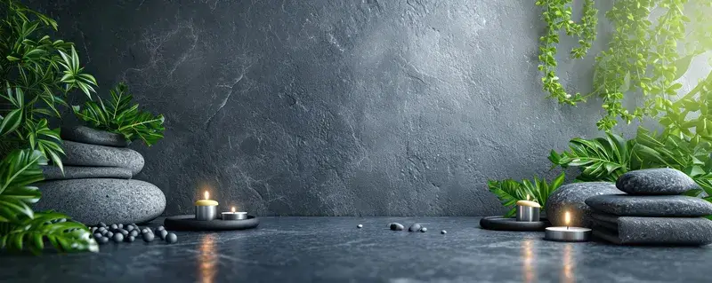 3D-рендер спа-композиции с камнями, свечами и зеленью на сером фоне