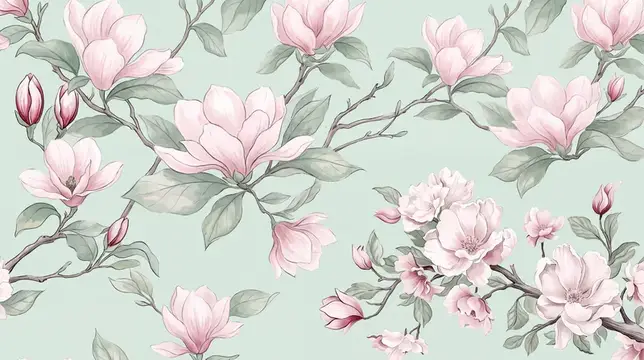 Иллюстрация с нежными розовыми магнолиями на бледно-зелёном фоне