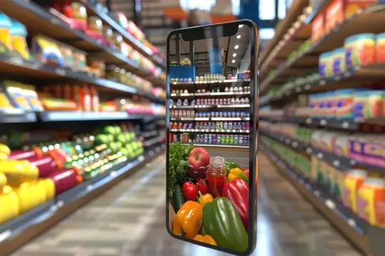Смартфон с продуктами на экране в проходе супермаркета