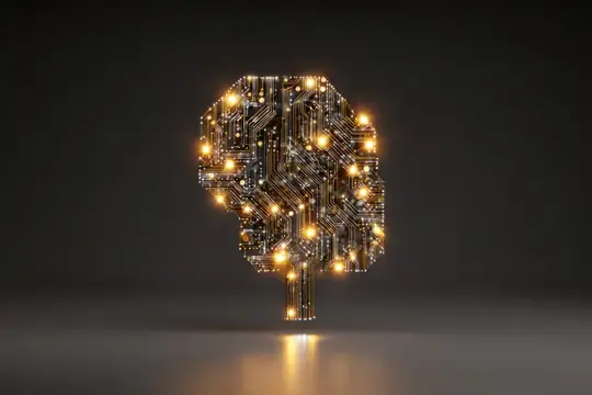 3D-рендер светящегося мозга из микросхем на тёмном фоне
