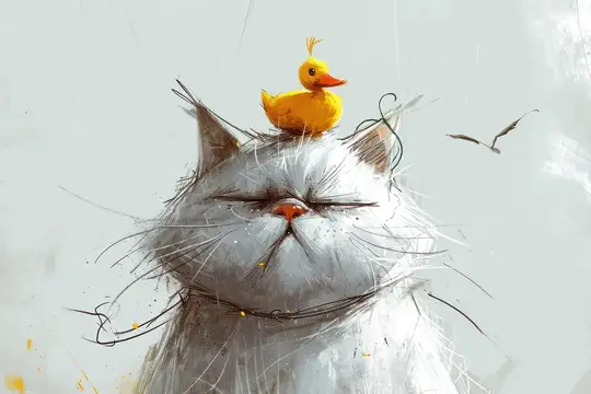 Иллюстрация: желтый утенок сидит на голове у спящего серого кота