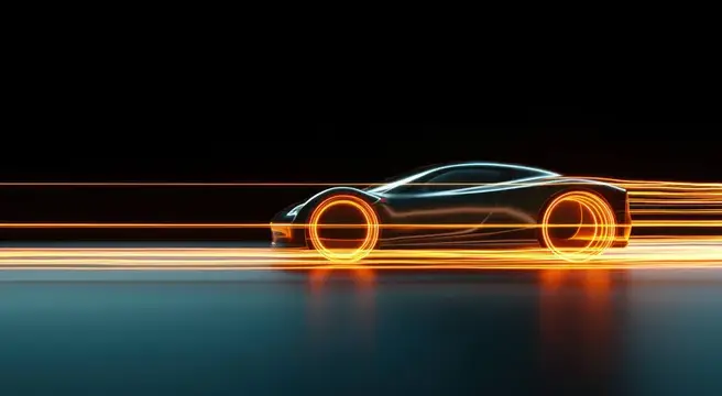3D-рендер спортивного автомобиля с неоновыми световыми линиями на скорости