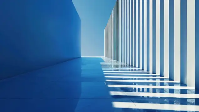 3D-рендер синего коридора с белыми колоннами и тенями
