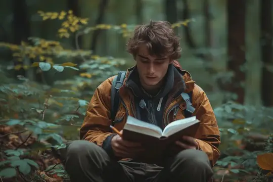 Безмятежный молодой человек читает книгу в уединении лесной поляны, окруженный природой