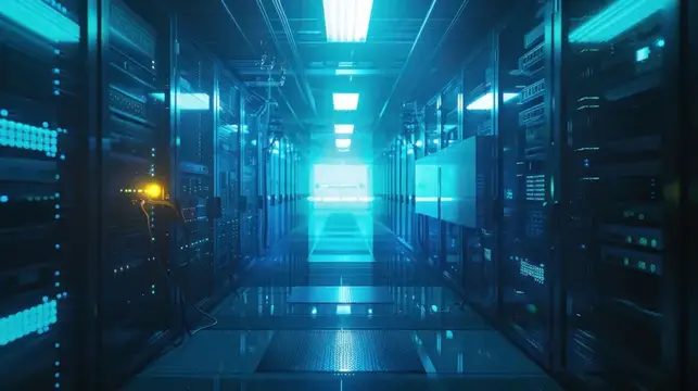 3D-рендер коридора дата-центра с серверными стойками в синем свете