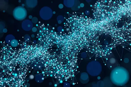 3D-рендер сети из бирюзовых точек и линий на тёмном фоне